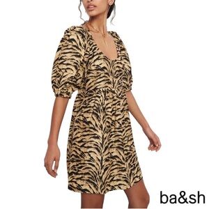 NWT BA&SH Zola Puff-sleeve Linen-blend Tiger Print Mini Dress Size L